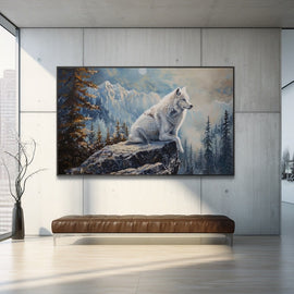 White wolf resting on a snowy crag in alpine landscape