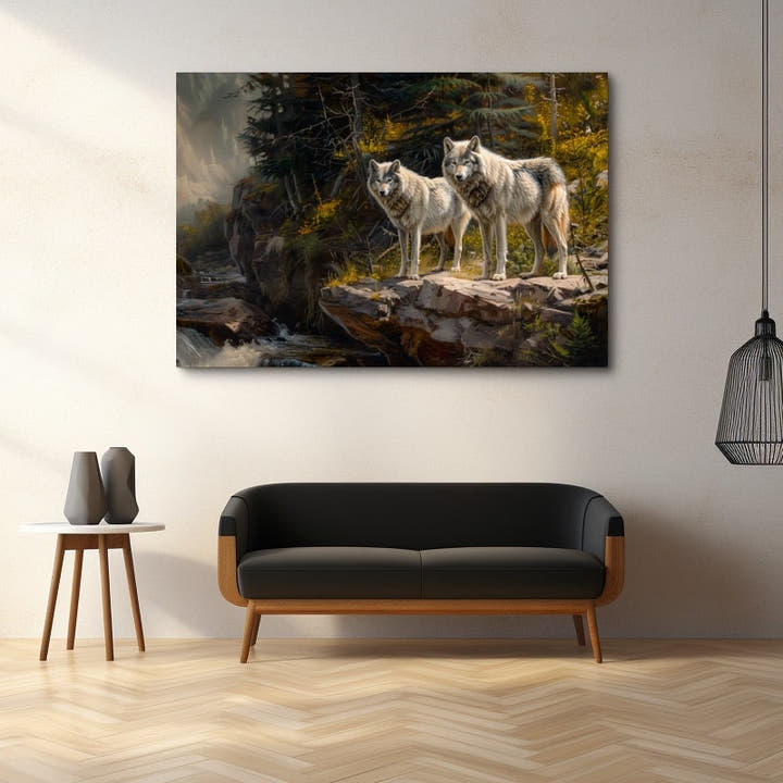Beautiful Wolf Painting - two grey wolves on a rock above a stream