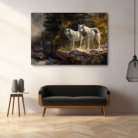 Beautiful Wolf Painting - two grey wolves on a rock above a stream