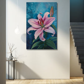 Pink lily in full bloom with a bud against a teal and blue background
