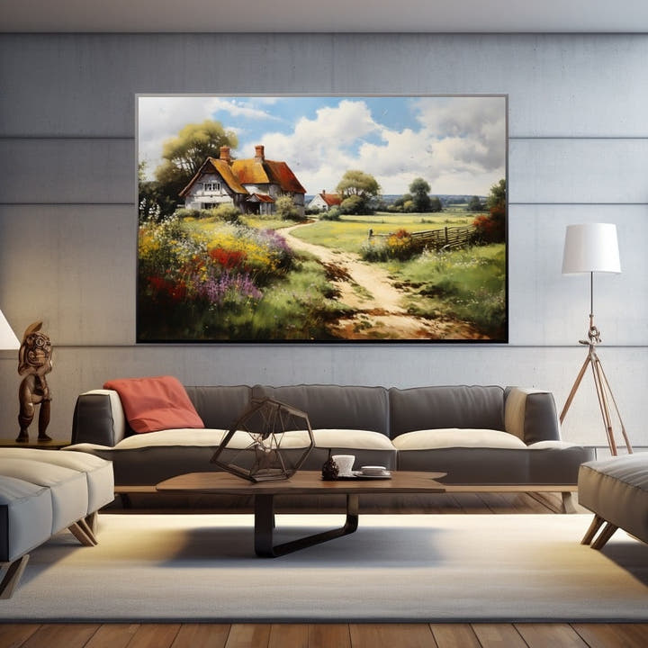 Painting of a thatched cottage among yellow and purple wildflowers along a country path