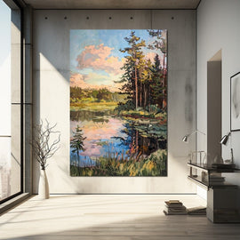 Impressionist forest lake landscape at dusk with pines reflected under peach and lavender skies