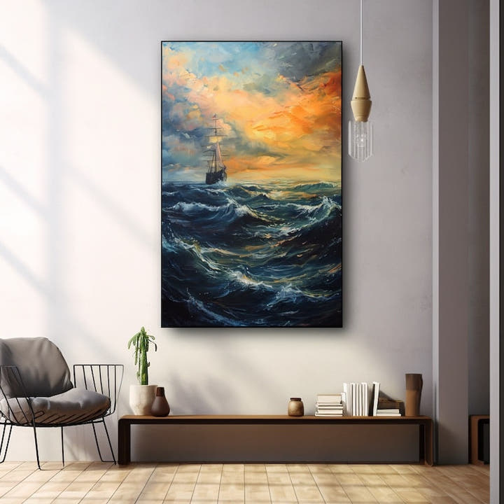 Ship on choppy navy waves against a fiery orange sunset