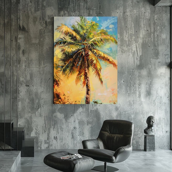 Acrylic palm tree painting against a golden sunset sky