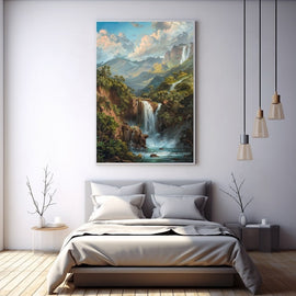 Mountain landscape with a grand waterfall through lush tropical greenery