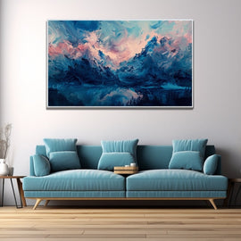 Abstract scenery painting of blue mountains and a still lake