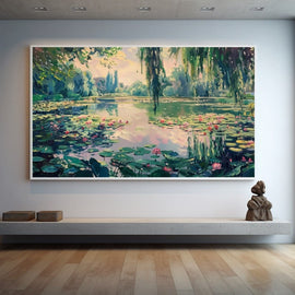 Impressionist lily pond painting with weeping willows and pink water lilies