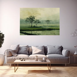 Chinese style landscape painting of misty green paddy fields