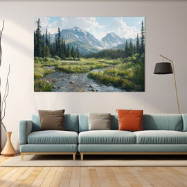 Snow-capped mountains, pine forest and a winding rocky stream