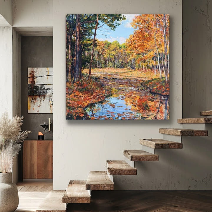 Autumn forest canvas with a still pool reflecting blazing orange and gold trees