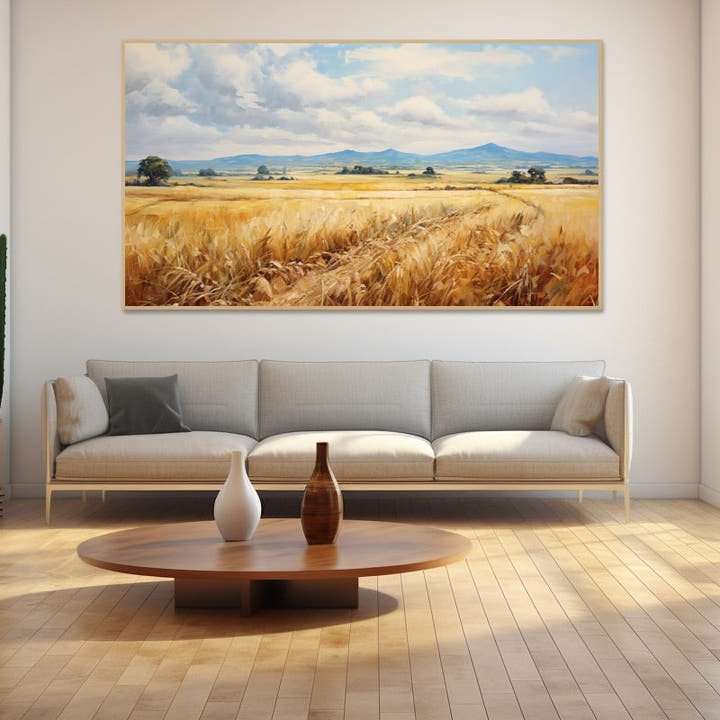Acrylic painting of a golden barley field with distant blue mountains
