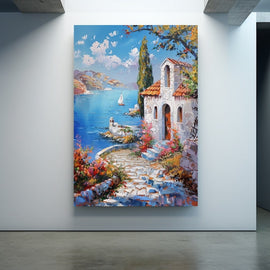 Impasto Greek coastal village with a white chapel, blue bay, cypress and a sailboat