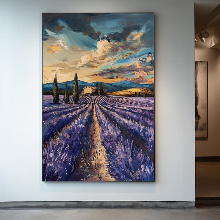 Lavender landscape painting with rows of lavender under a dramatic golden sunset sky
