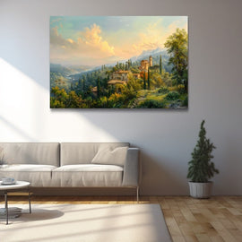 Tuscan hillside village at golden hour with cypress trees