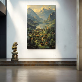19th-century oil painting of a lakeside alpine village beneath misty mountains