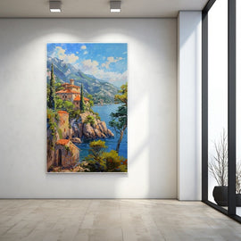 Oil painting of terracotta villas on a rocky headland above a blue Mediterranean bay