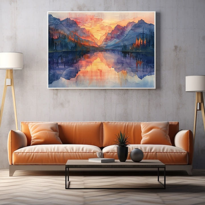 Watercolour of a sunset mountain lake with orange and violet reflections