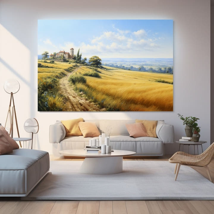 Golden wheat hillside sweeping down to a sunlit valley with a hilltop hamlet