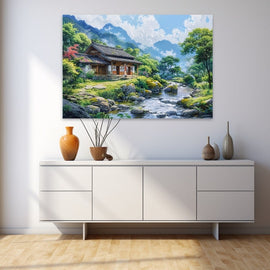 Traditional Japanese house by a mountain stream with maple leaves