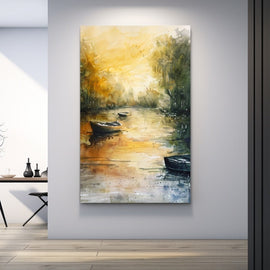 Modern scenery painting, watercolour river with boats at dawn
