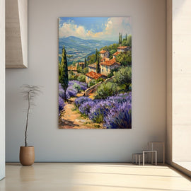 Provencal hillside village above blooming purple lavender