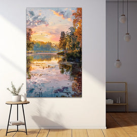 Romantic painting of a river reflecting an autumn sunset sky