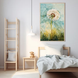 Watercolour dandelion seed head drifting above misty grass