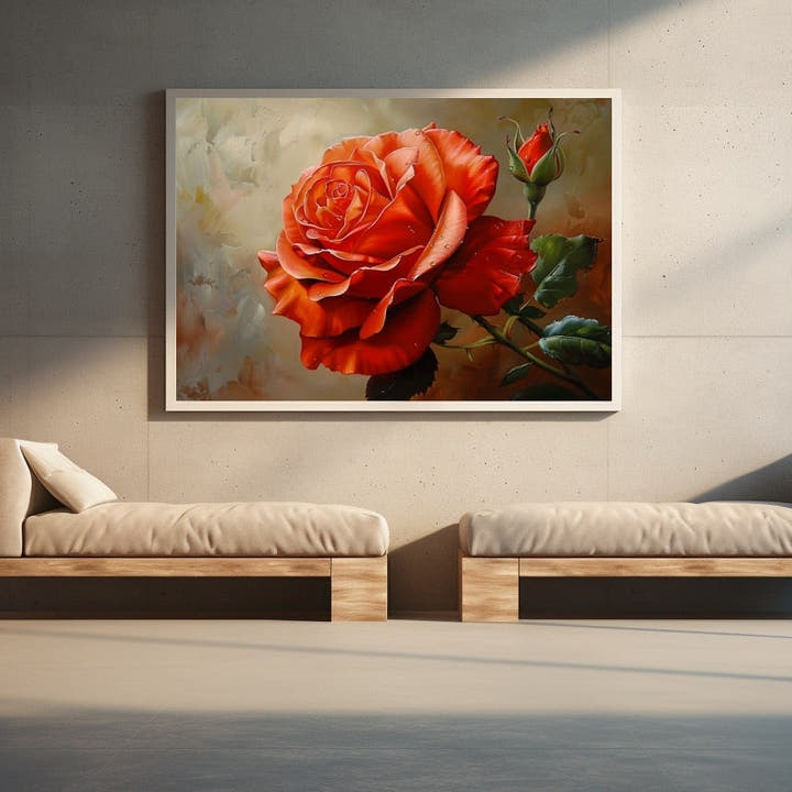 Red rose in full bloom with a small bud, acrylic painting