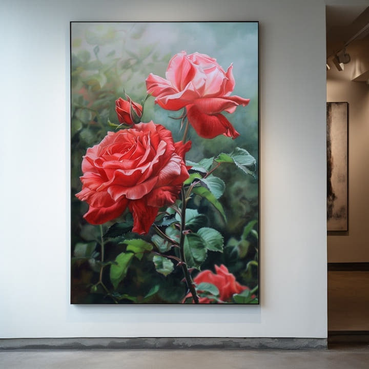 Oil painting of two coral-red roses against a misty green garden