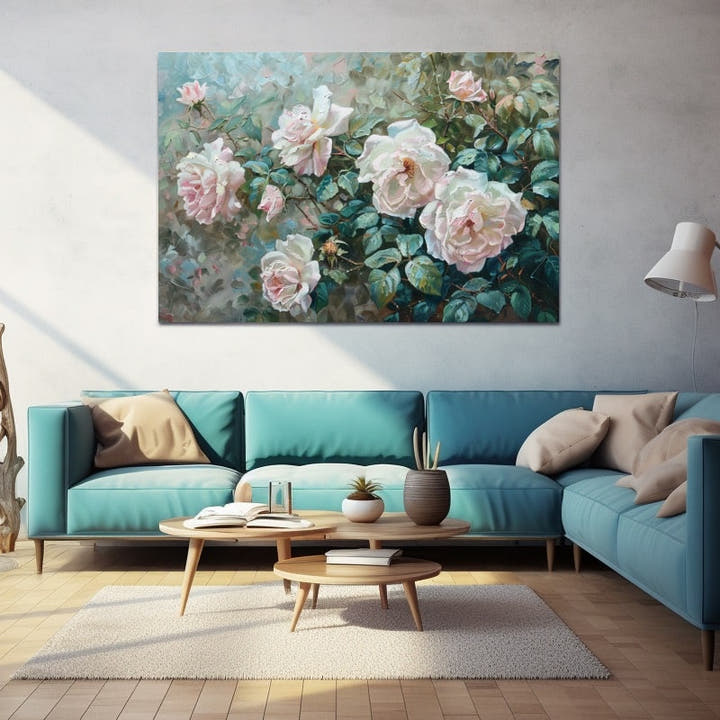 Impressionist oil painting of pale pink and cream roses