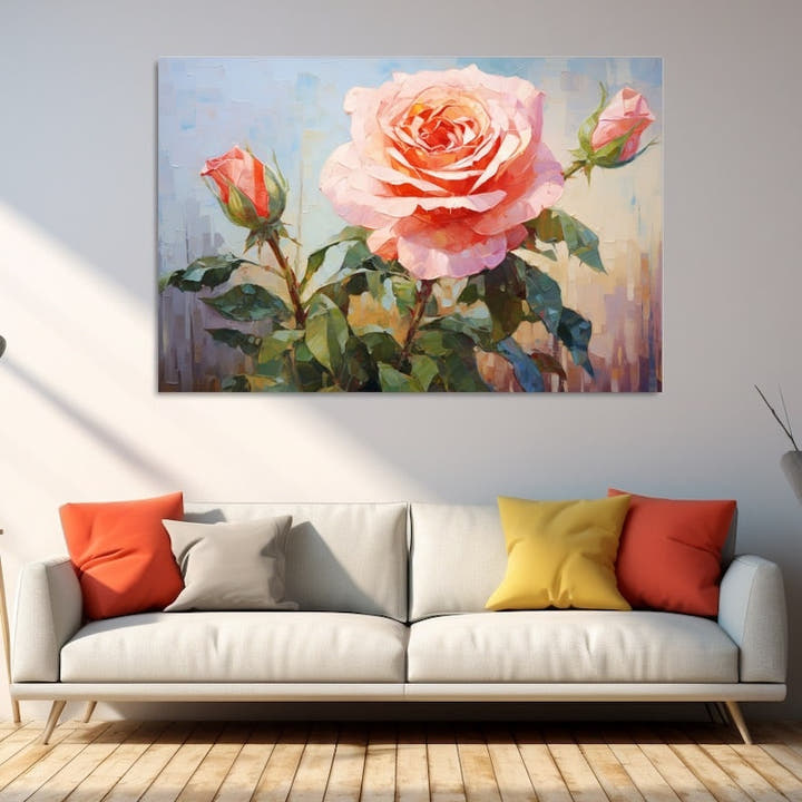 Palette-knife painting of a peach-pink rose with buds against a soft sky