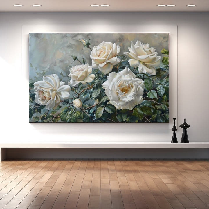 Oil painting of full-blown white roses with green foliage