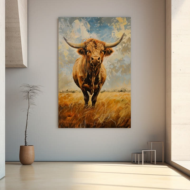 Highland bull with long horns striding through golden grass under a painterly sky