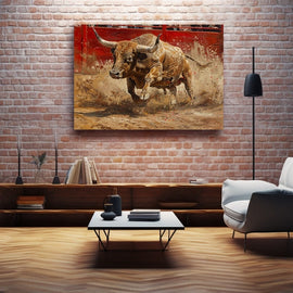 A powerful bull charging through a dusty arena against red