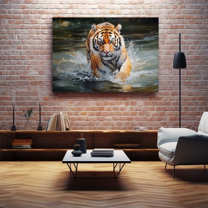 Acrylic painting of a tiger charging through splashing water