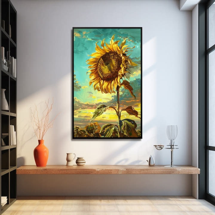 Sunflower in profile against a turquoise sky and amber sunset
