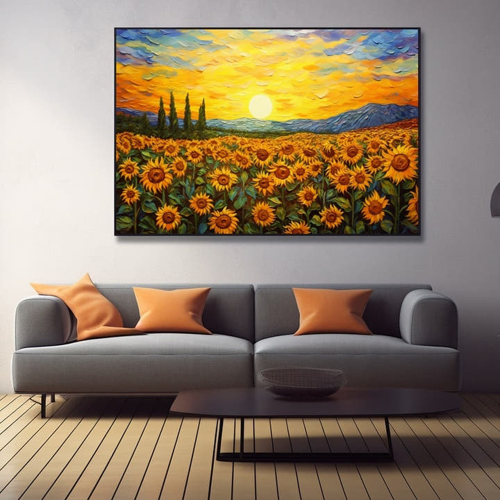 Palette-knife sunflower field at sunset with cypress trees