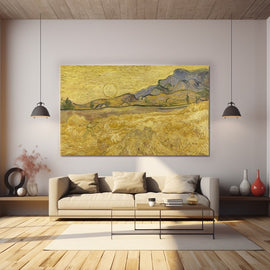 Van Gogh landscape painting of a golden wheatfield with a reaper under a low sun