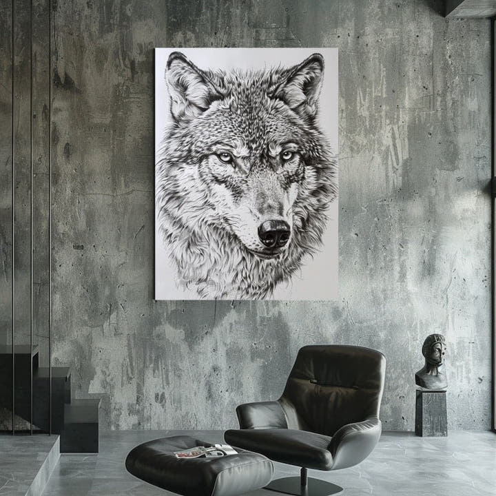 Detailed black-and-white pencil wolf portrait on white