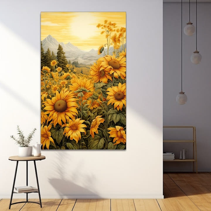 Illustrated sunflower meadow with misty mountains and a hazy golden sun