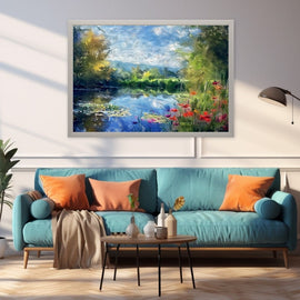 Impasto riverside landscape with a glassy river, green trees, scarlet wildflowers and lily pads
