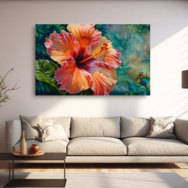 Coral hibiscus flower painting with golden stamen against teal foliage