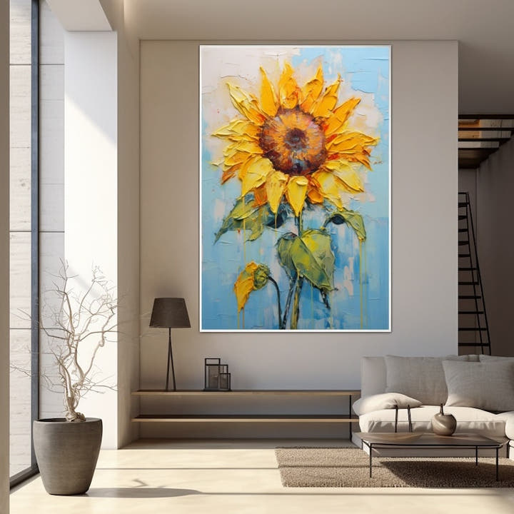 Palette-knife style sunflower in yellow and orange with the look of impasto on sky blue