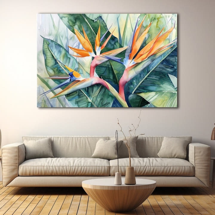 Watercolour painting of orange bird of paradise flowers among green banana leaves