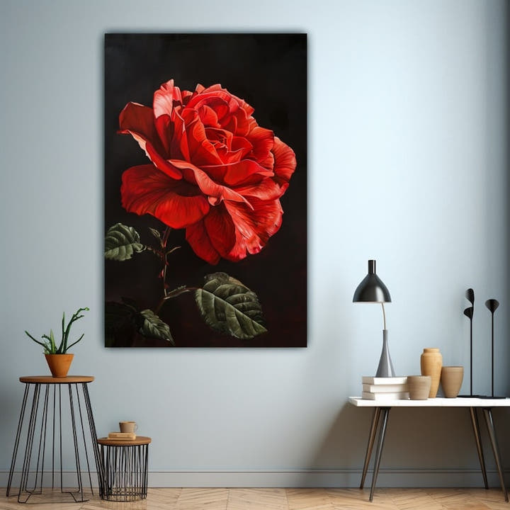 Single red rose in full bloom with glossy petals on a dark background
