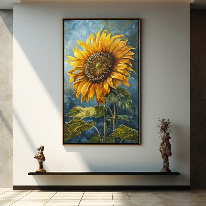 Single golden sunflower in an impasto style against a blue-grey background