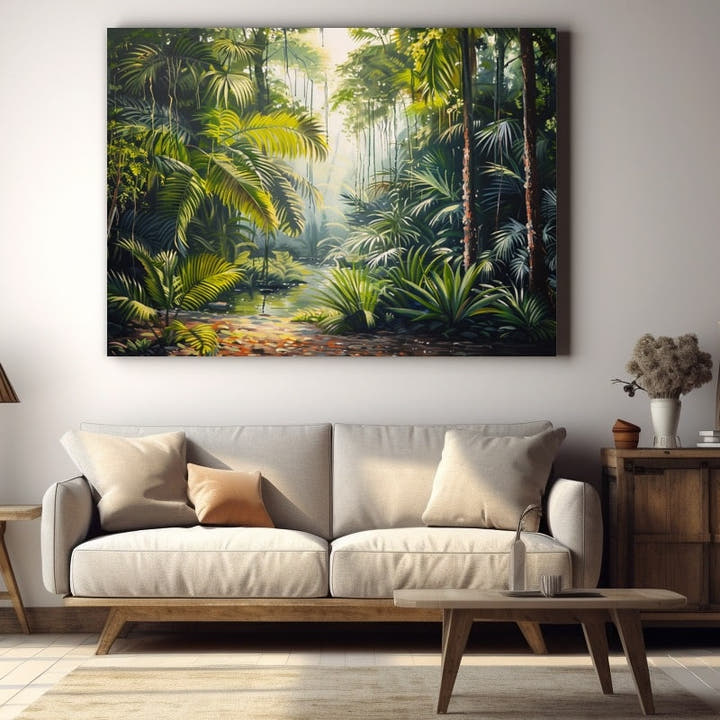 Painted rainforest of sunlit palms and ferns with a glint of water
