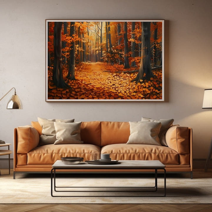 Autumn woodland painting with a leaf-covered path between tall dark trunks