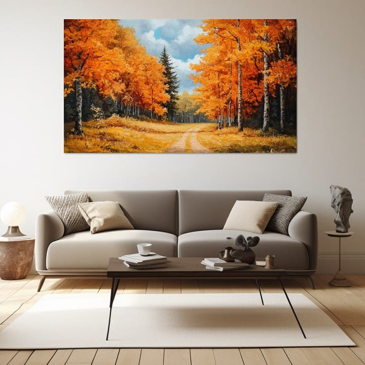 Autumn forest painting with a sandy path, orange birches and blue sky
