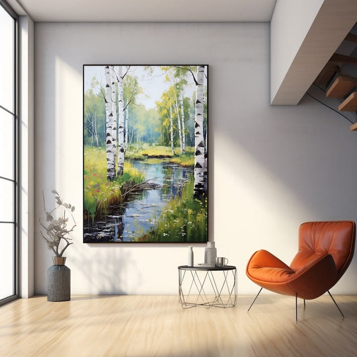 Painting of birch trees beside a still woodland stream with wildflowers